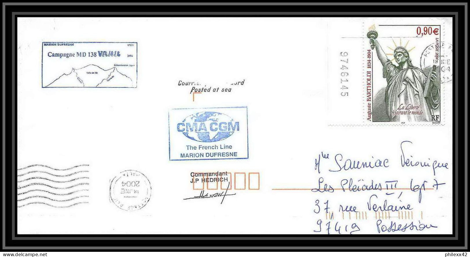 2452 ANTARCTIC Lettre Cover Dufresne 2 Signé Signed Hedrich Malte (malta) 18/6/2004 Liberty Statue - Spedizioni Antartiche