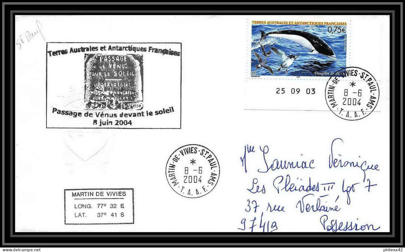 2446 ANTARCTIC Terres Australes TAAF Lettre Dufresne 2 N°395 PASSAGE DE VENUS DEVANT LE SOLEIL 2004 Coin Daté Dauphin - Antarctische Expedities