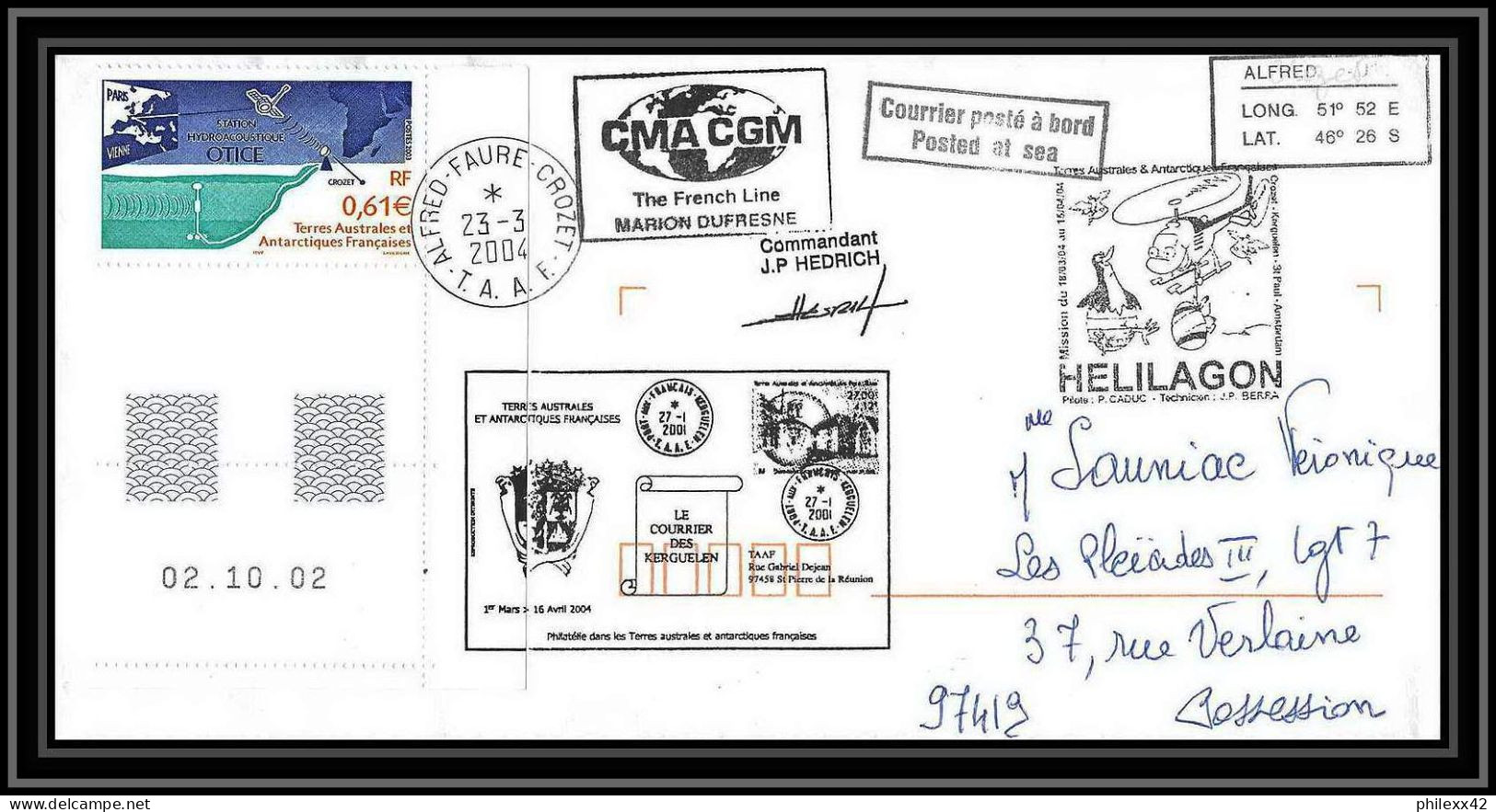 2434 Dufresne 2 Signé Signed N°393 20/3/2004 ELEC MASTER GROUP ANTARCTIC Terres Australes (taaf) Lettre Cover Helilagon - Helicópteros