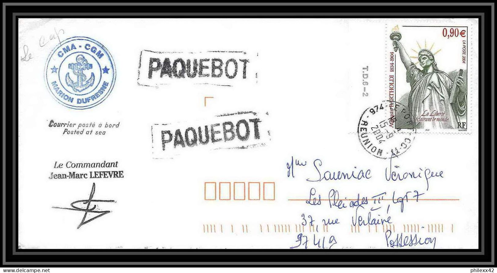 2455 ANTARCTIC Terres Australes TAAF Lettre Cover Dufresne 2 Signé Signed 15/9/2004 La Reunion Le Cap Liberty Statue - Covers & Documents