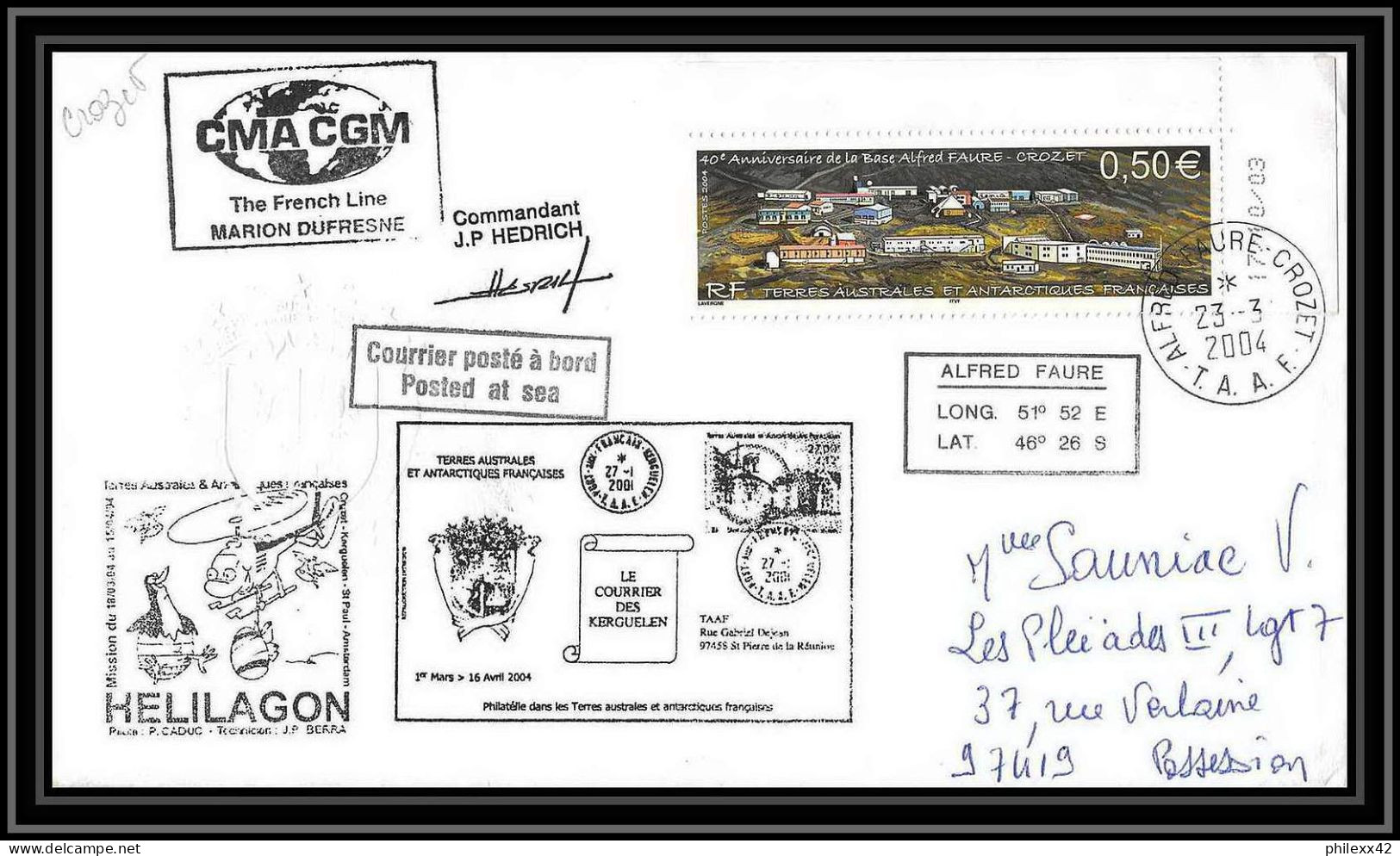 2435 Dufresne 2 Signé Signed N°396 23/3/2004 ELEC MASTER GROUP ANTARCTIC Terres Australes (taaf) Lettre Cover Helilagon - Helicópteros