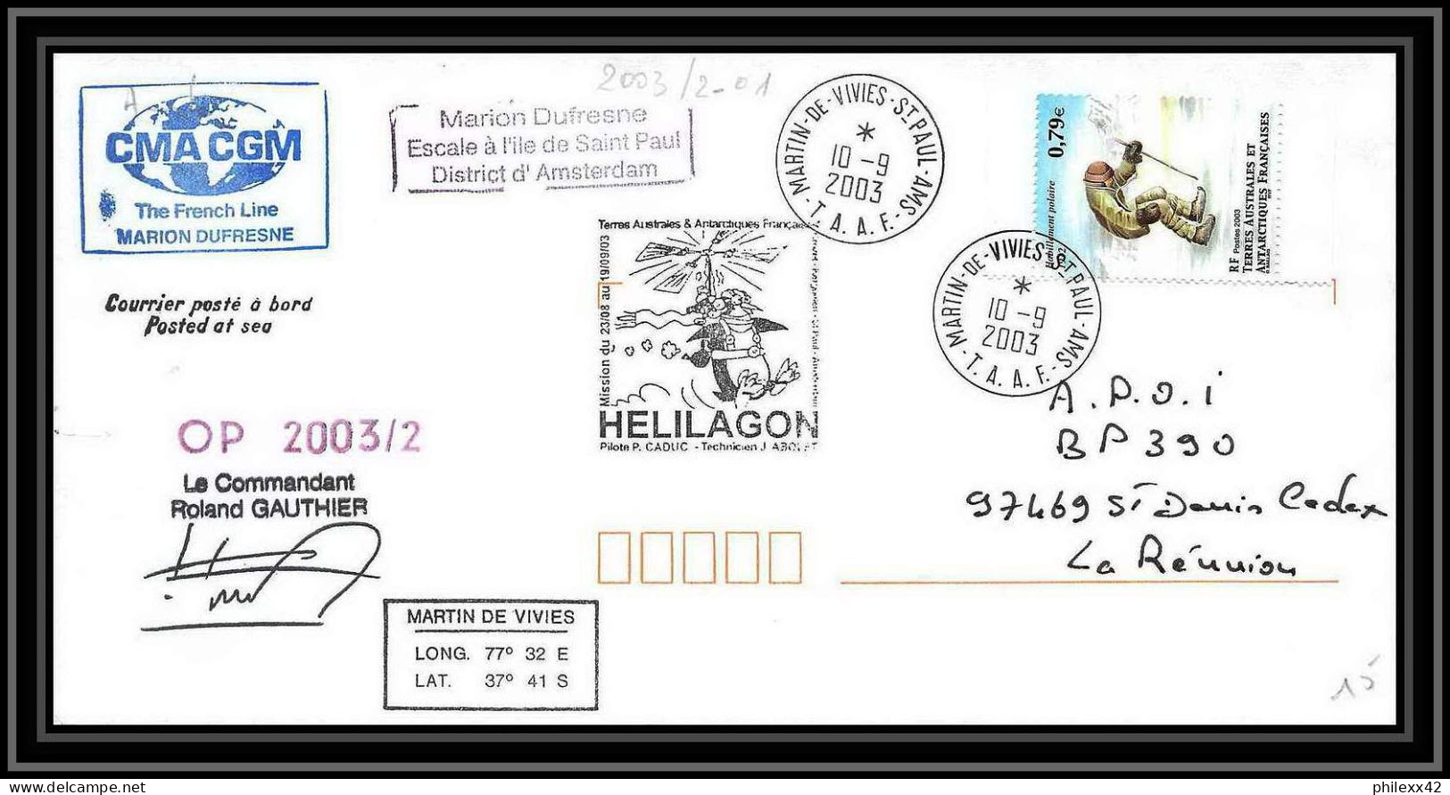 2410 Dufresne 2 Signé Signed Op 2003/2 Crozet 10/9/2003 N°353 ANTARCTIC Terres Australes (taaf) Lettre Cover Helilagon - Helicopters