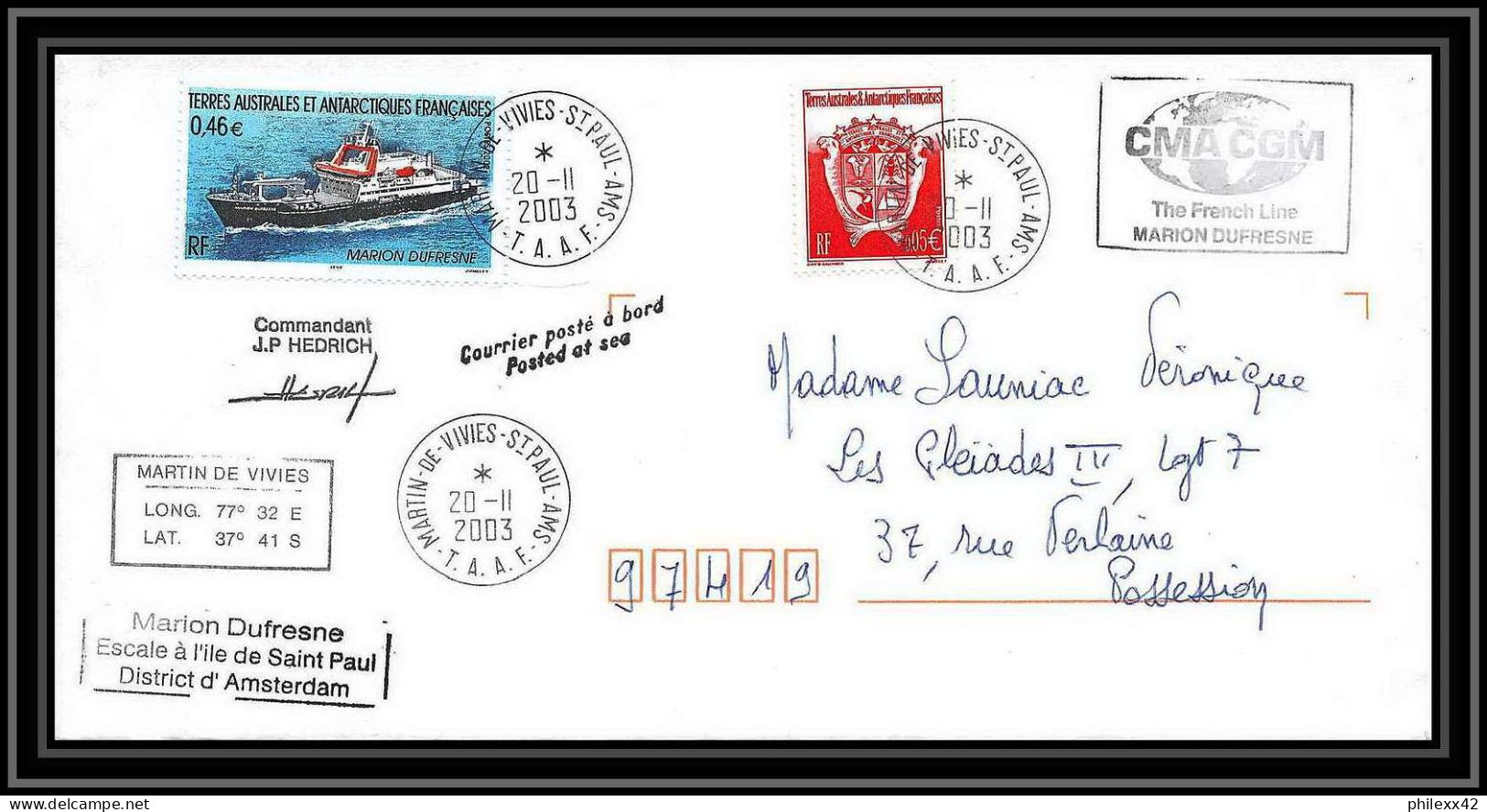 2418 Dufresne 2 Signé Signed Op 2003/3 20/11/2003 ANTARCTIC Terres Australes (taaf) Lettre Cover - Spedizioni Antartiche