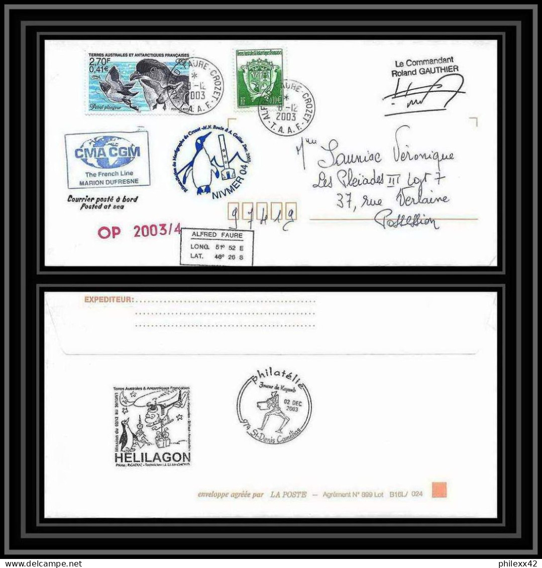 2421 Dufresne 2 Signé Signed Op 2003/4 8/12/2003 N°288 Terres Australes (taaf) Lettre Cover Petrel Oiseaux (birds) - Covers & Documents