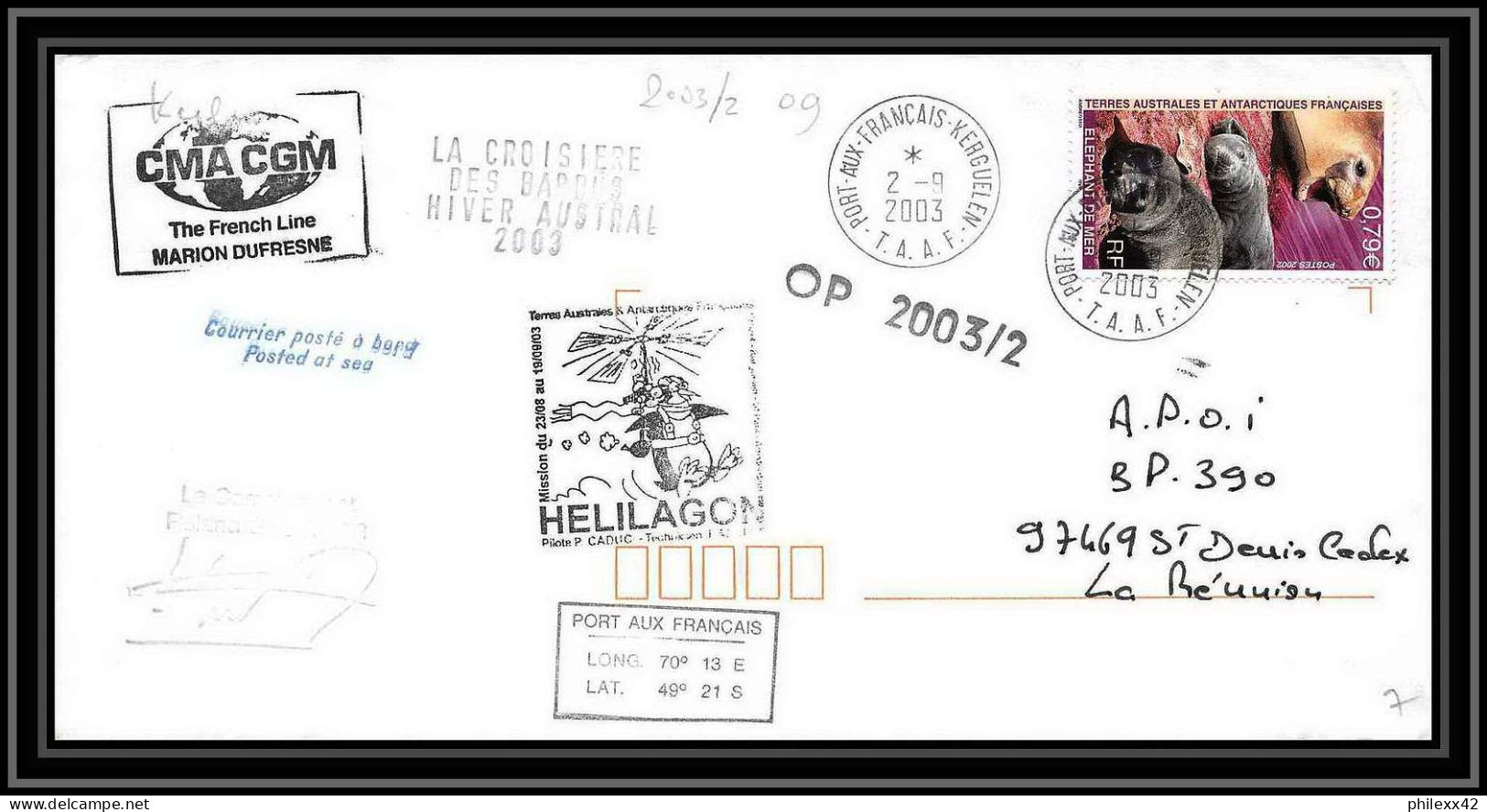 2406 Dufresne 2 Signé Signed Op 2003/2 Crozet 2/9/2003 N°347 Helilagon Terres Australes (taaf) Lettre Cover Sea Elephant - Helicópteros