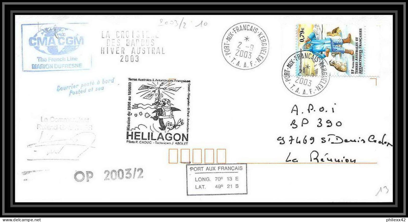 2405 Dufresne 2 Signé Signed Op 2003/2 Crozet 2/9/2003 N°355 Helilagon Terres Australes (taaf) Lettre Cover - Hélicoptères