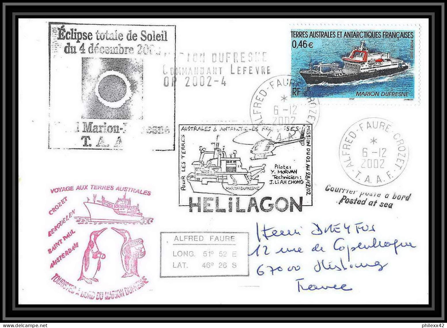 2386 ANTARCTIC Terres Australes TAAF Lettre Cover Dufresne 2 N°330 Helilagon Signé Signed Op 2002/4 6/12/2002 - Expediciones Antárticas