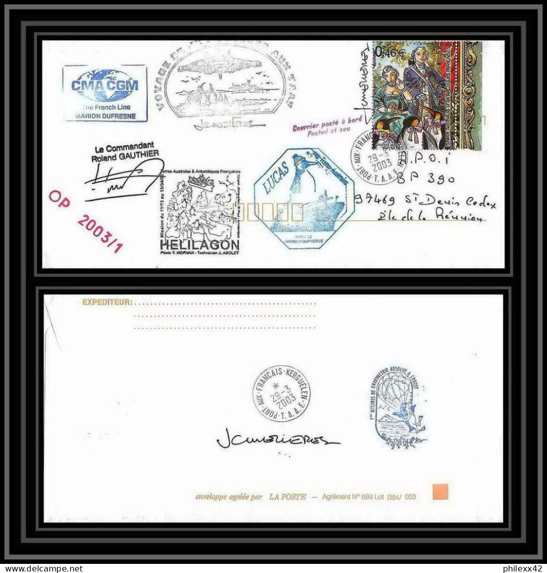 2392 ANTARCTIC Terres Australes TAAF Lettre Dufresne 2 Op 2003/1 Hélilagon 29/3/2003 Signé Signed Jc Mézières - Hubschrauber