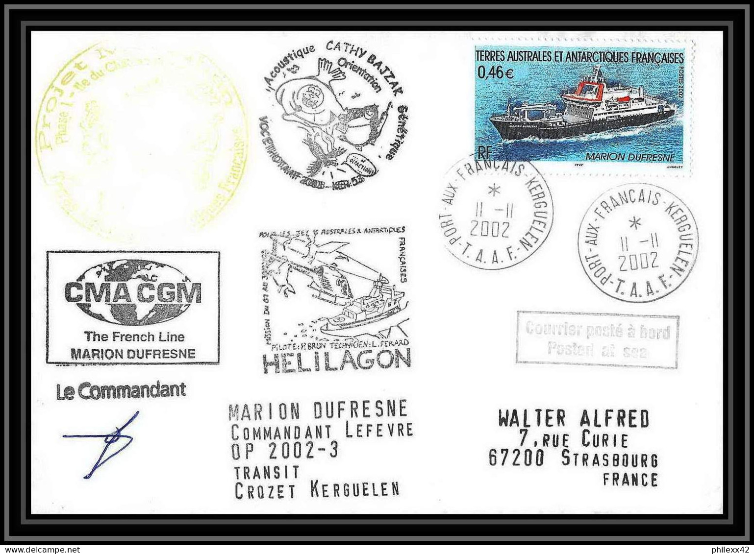 2385 ANTARCTIC Terres Australes TAAF Lettre Cover Dufresne 2 N°330 Helilagon Signé Signed Op 2002/3 11/11/2002 - Helikopters