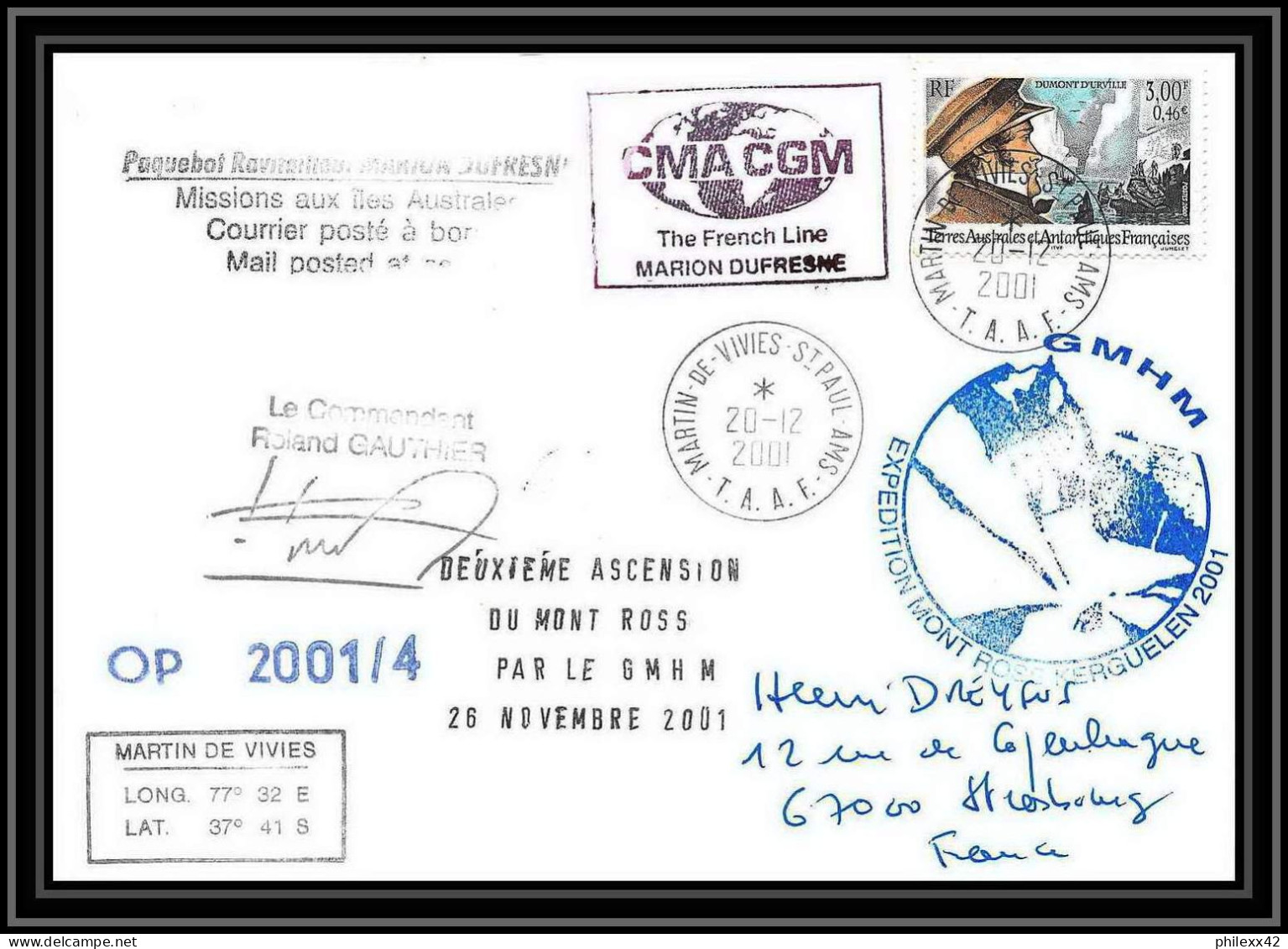 2378 ANTARCTIC Terres Australes TAAF Lettre Cover Dufresne 2 N°274 OP 2001/4 Signé Signed 20/12/2001 - Antarktis-Expeditionen