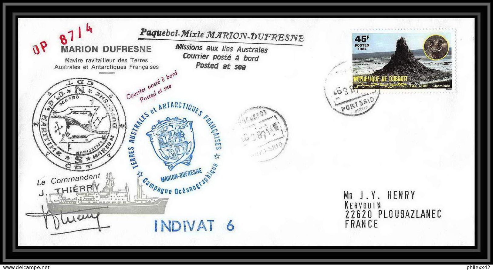 2300 ANTARCTIC Djibouti-Lettre Cover Dufresne Op 87/4 Indivat 6 Signé Signed 6/9/1987 - Djibouti (1977-...)