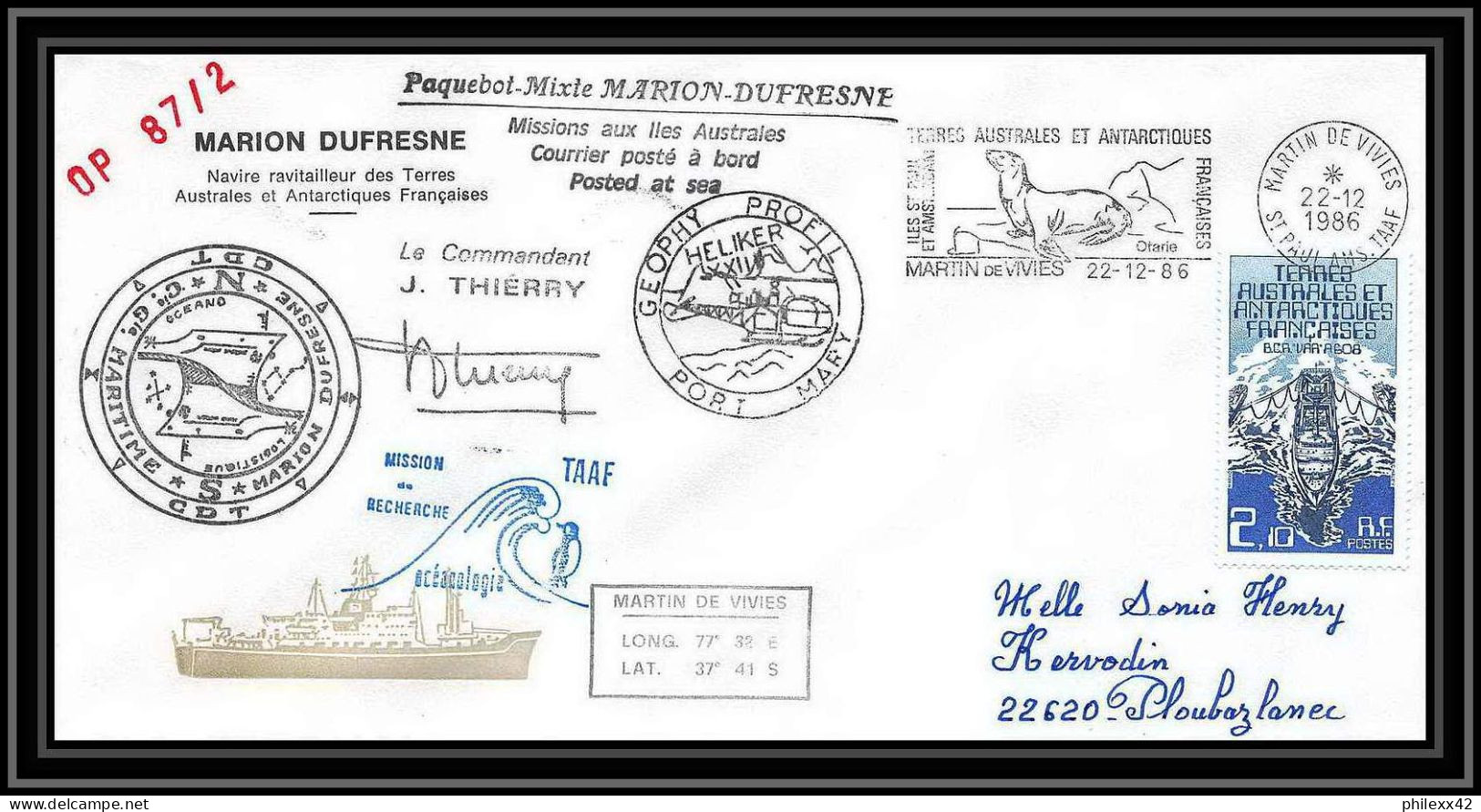 2295 ANTARCTIC Terres Australes TAAF Lettre Cover Dufresne OP 87/2 Signé Signed 22/12/1986 Otarie - Expéditions Antarctiques