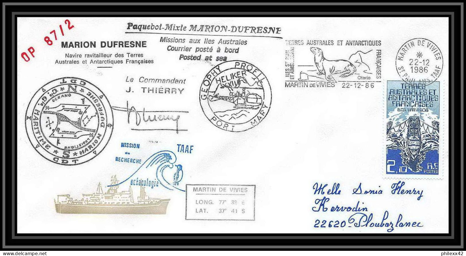 2295 ANTARCTIC Terres Australes TAAF Lettre Cover Dufresne OP 87/2 Signé Signed 22/12/1986 Otarie - Expediciones Antárticas