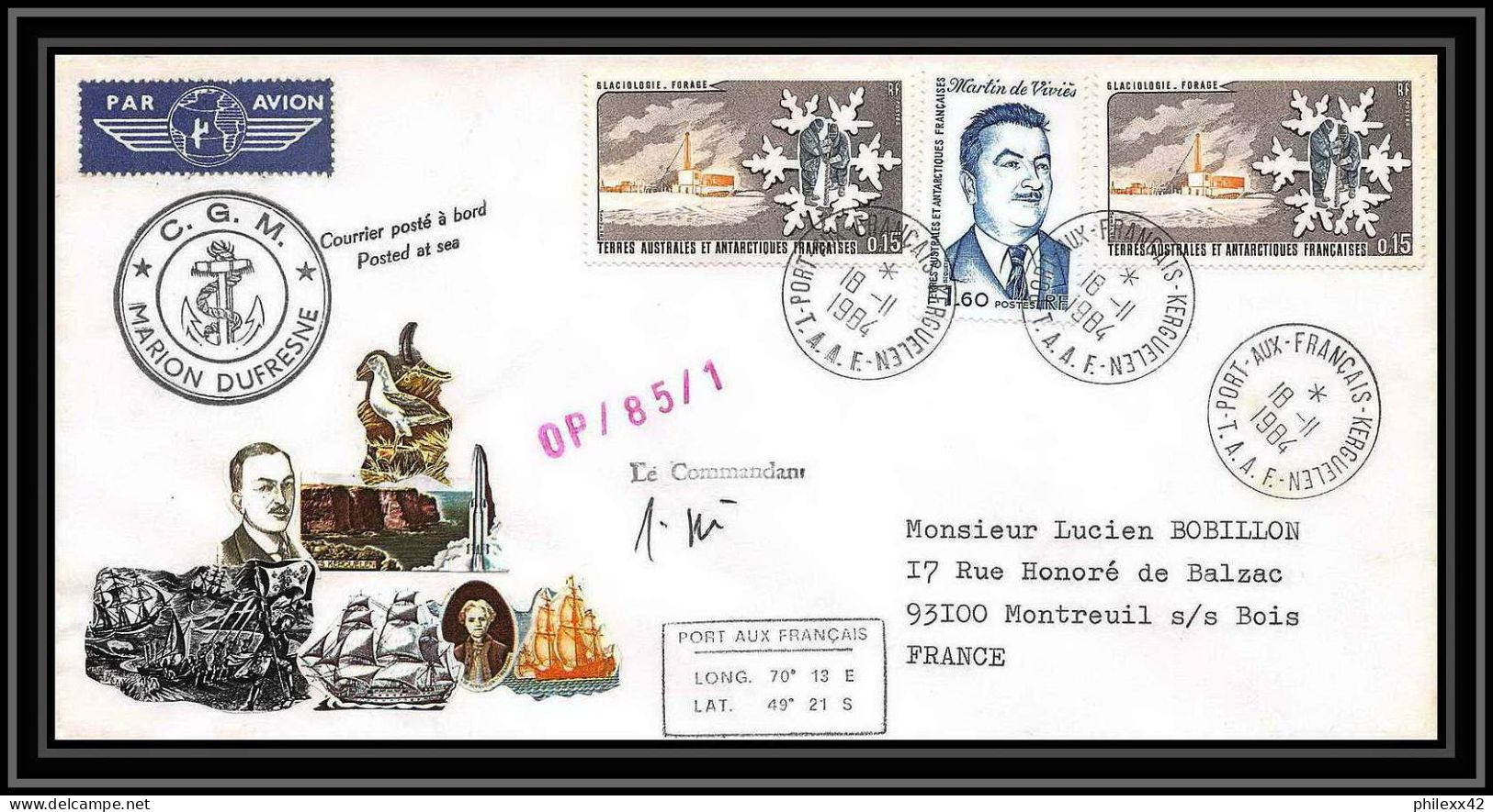 2278 ANTARCTIC Terres Australes TAAF Lettre Cover Dufresne OP 85/1 Signé Signed 18/11/1984 - Lettres & Documents