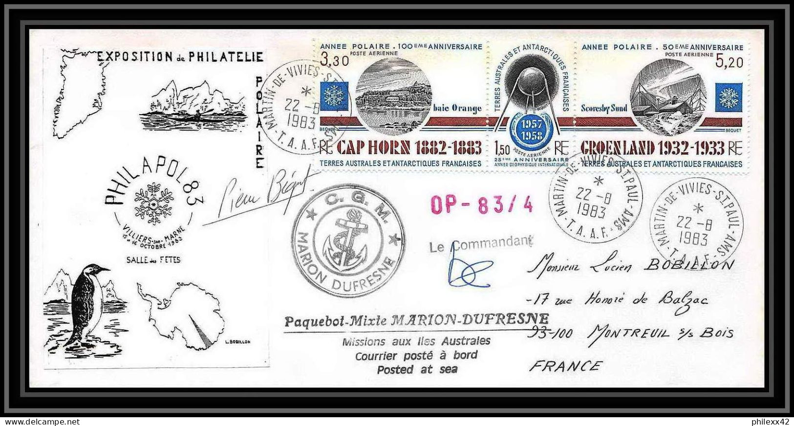 2270 ANTARCTIC Terres Australes TAAF Lettre Cover Dufresne N°77A OP 83/4 Philapol 22/8/1983 - Antarctic Expeditions