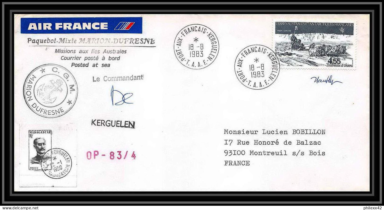 2269 ANTARCTIC Terres Australes TAAF Lettre Cover Dufresne OP 83/4 18/8/1983 Signé Signed Chiens Traineau Dog - Briefe U. Dokumente