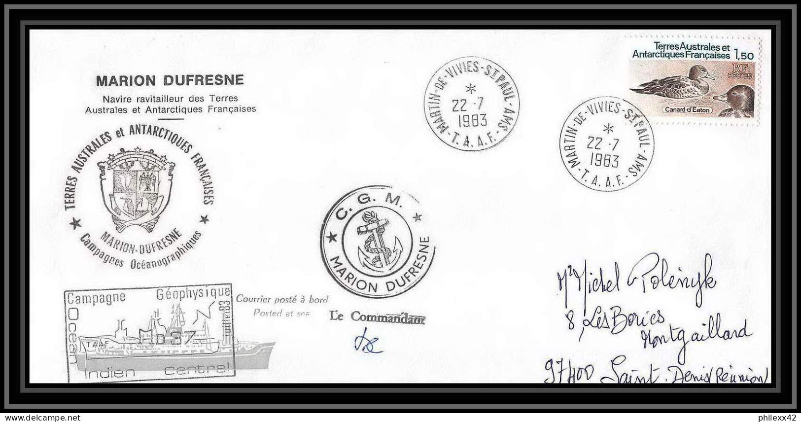 2258 ANTARCTIC Terres Australes TAAF Lettre Cover Dufresne 22/7/1983 Signé Signed Md 37 La Réunion Oiseaux (birds) - Antarktis-Expeditionen