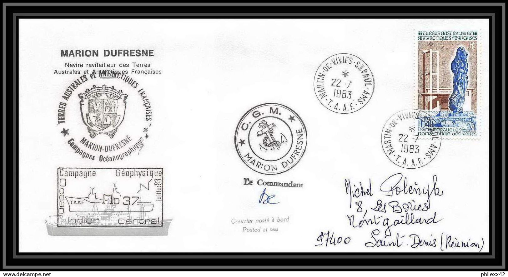 2262 ANTARCTIC Terres Australes TAAF Lettre Cover Dufresne 22/7/1983 Signé Signed Md 37 La Réunion - Antarctic Expeditions