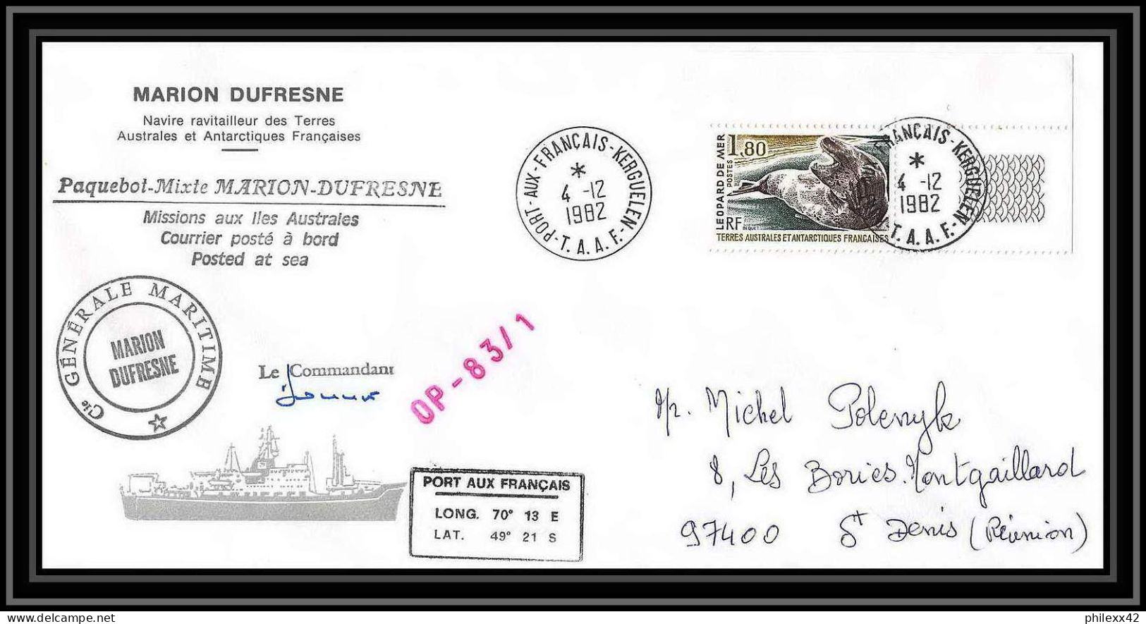 2251 ANTARCTIC Terres Australes TAAF Lettre Cover Dufresne OP 83/1 Signé Signed 4/12/1982 Coin De Feuille Sea Leopard - Covers & Documents
