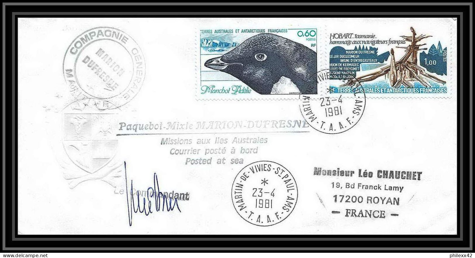 2234 ANTARCTIC Terres Australes TAAF Lettre Cover Dufresne 23/4/1981 Signé Signed Oiseaux (birds) - Briefe U. Dokumente