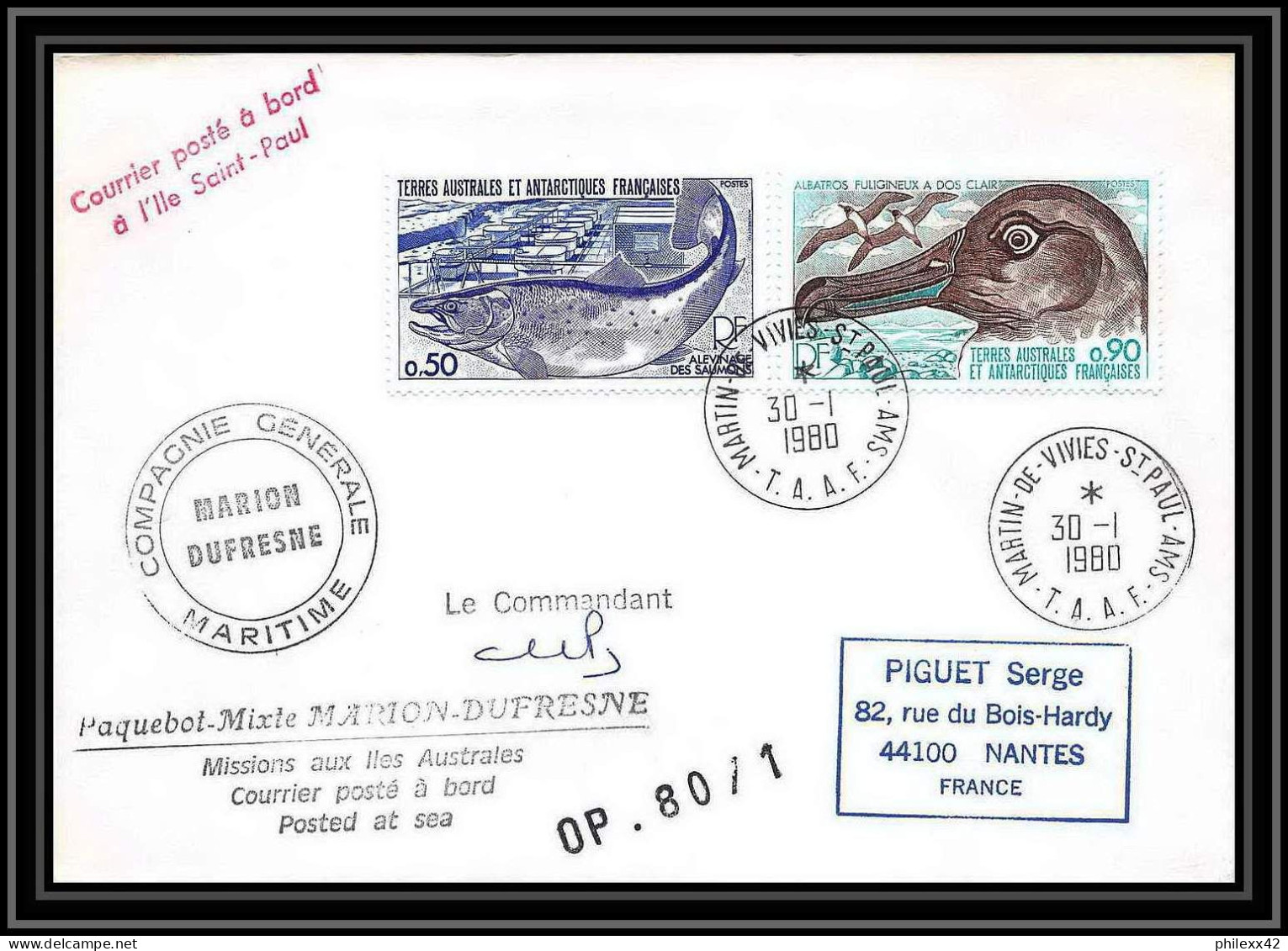 2227 ANTARCTIC Terres Australes TAAF Lettre Cover Dufresne OP 80/1 30/1/1980 Signé Signed - Storia Postale