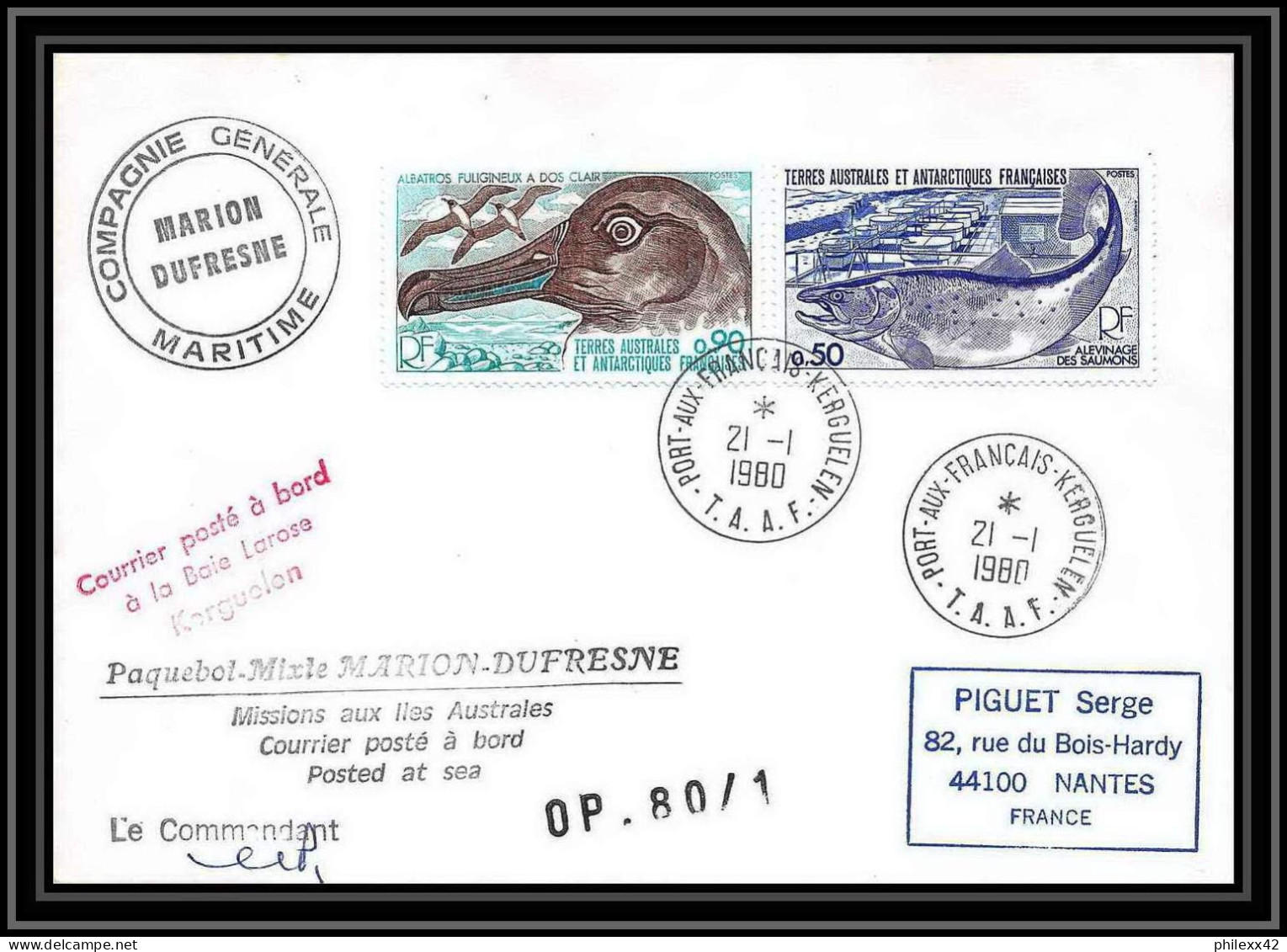 2226 ANTARCTIC Terres Australes TAAF Lettre Cover Dufresne OP 80/1 21/1/1980 Signé Signed Oiseaux (birds) - Briefe U. Dokumente