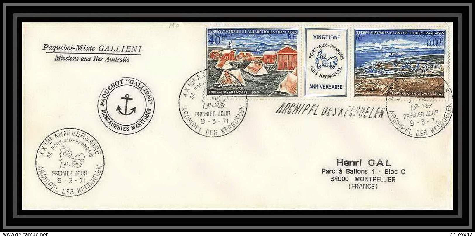 2175 Paquebot Mixte Gallieni 9/3/1971 Pa N°26A TAAF Antarctic Terres Australes Lettre (cover) - Briefe U. Dokumente