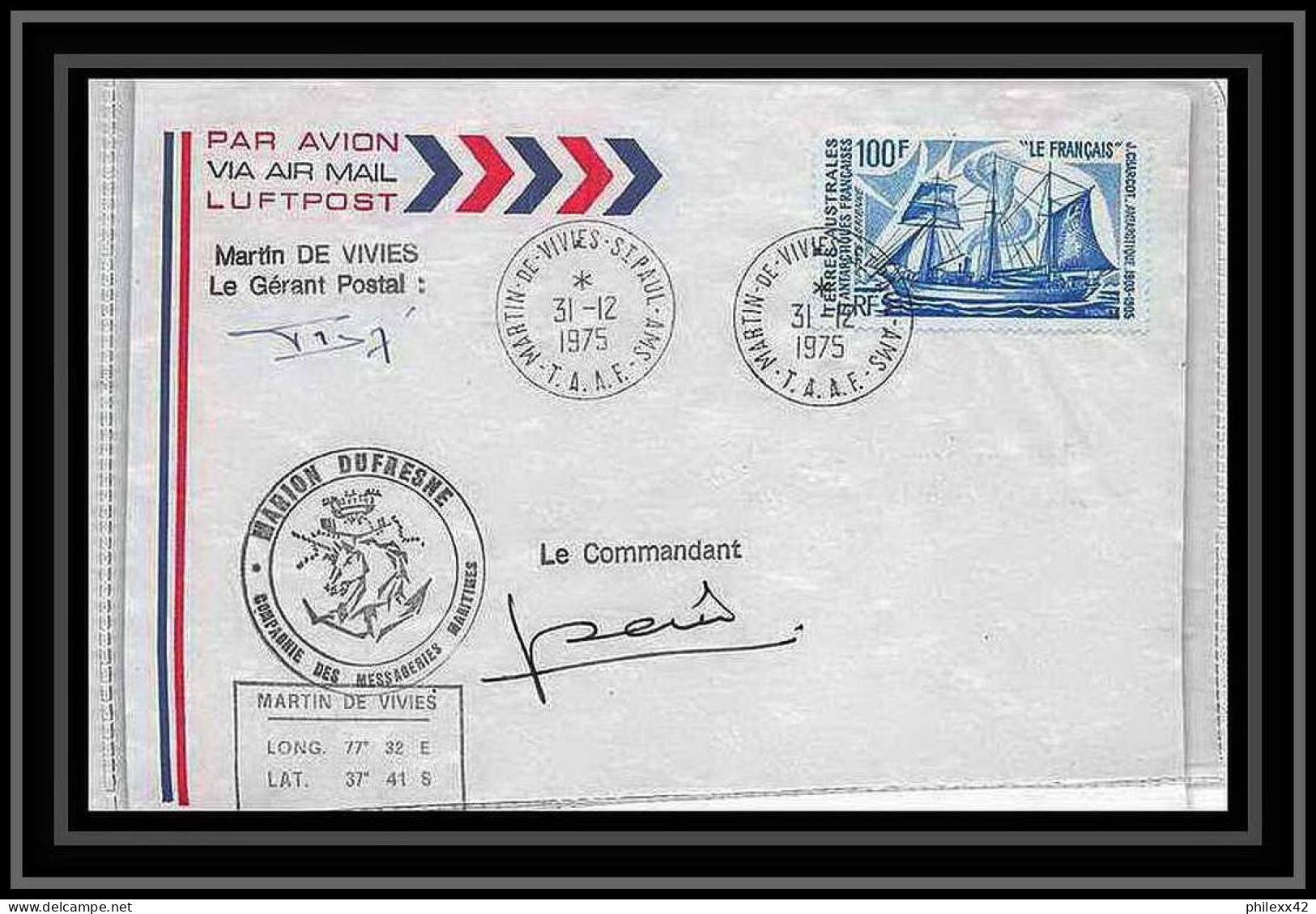 2163 Marion Dufresne 31/12/1975 Signé Signed Bateau (boat-SHIP) TAAF Antarctic Terres Australes Lettre (cover) - Covers & Documents