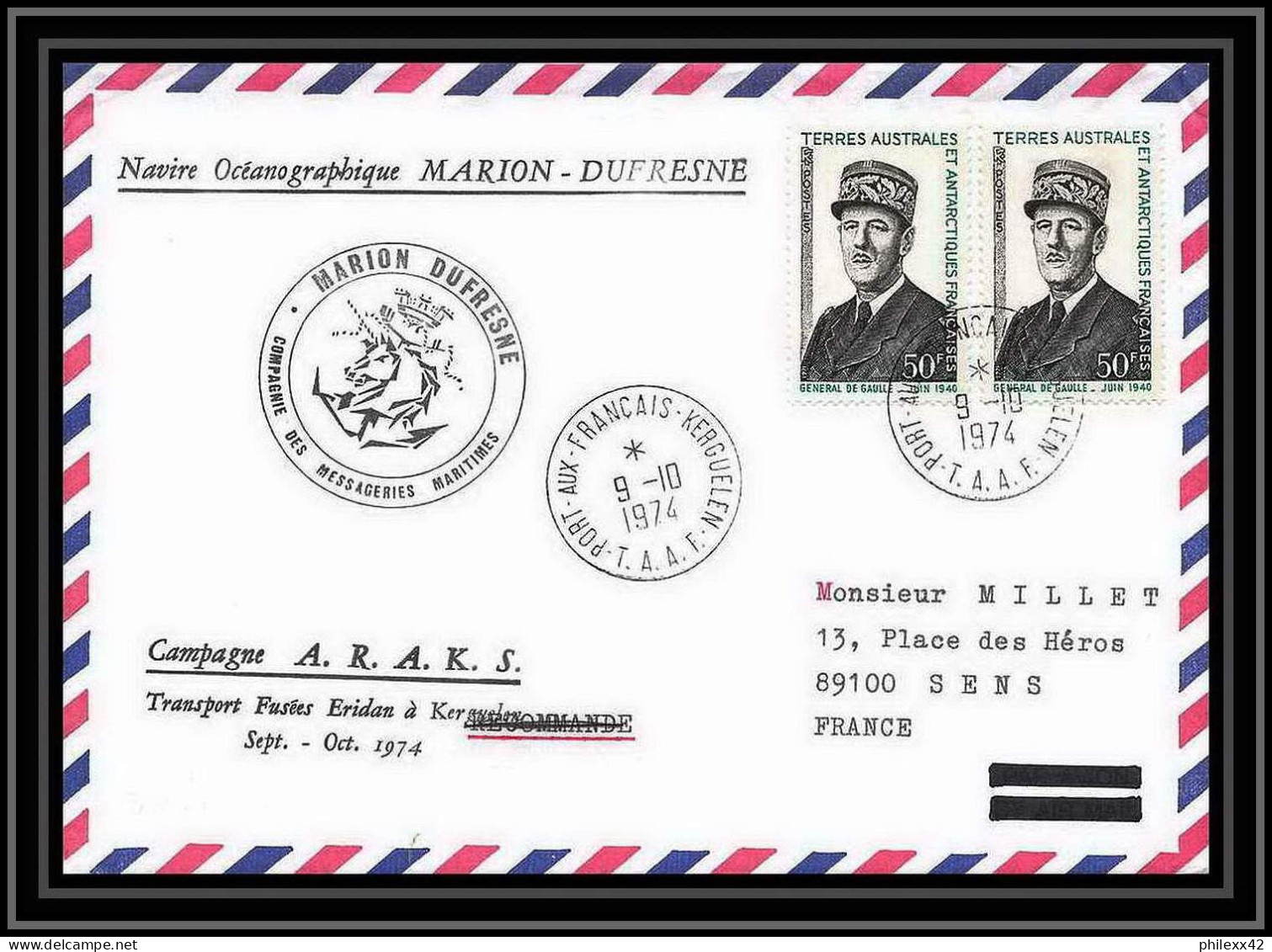 2154 DE GAULLE N°46/47 Marion Dufresne Campagne Araks 9/10/1974 TAAF Antarctic Terres Australes Lettre (cover) - Storia Postale