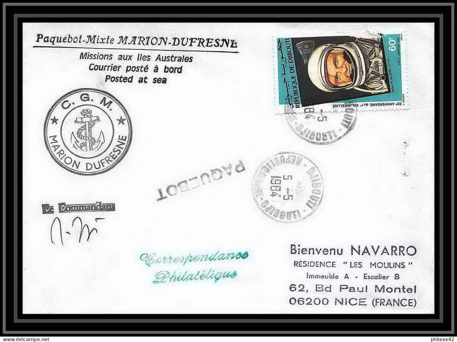 2108 Antarctic Djibouti Lettre (cover) Marion Dufresne Signé Signed 5/5/1984 - Expéditions Antarctiques