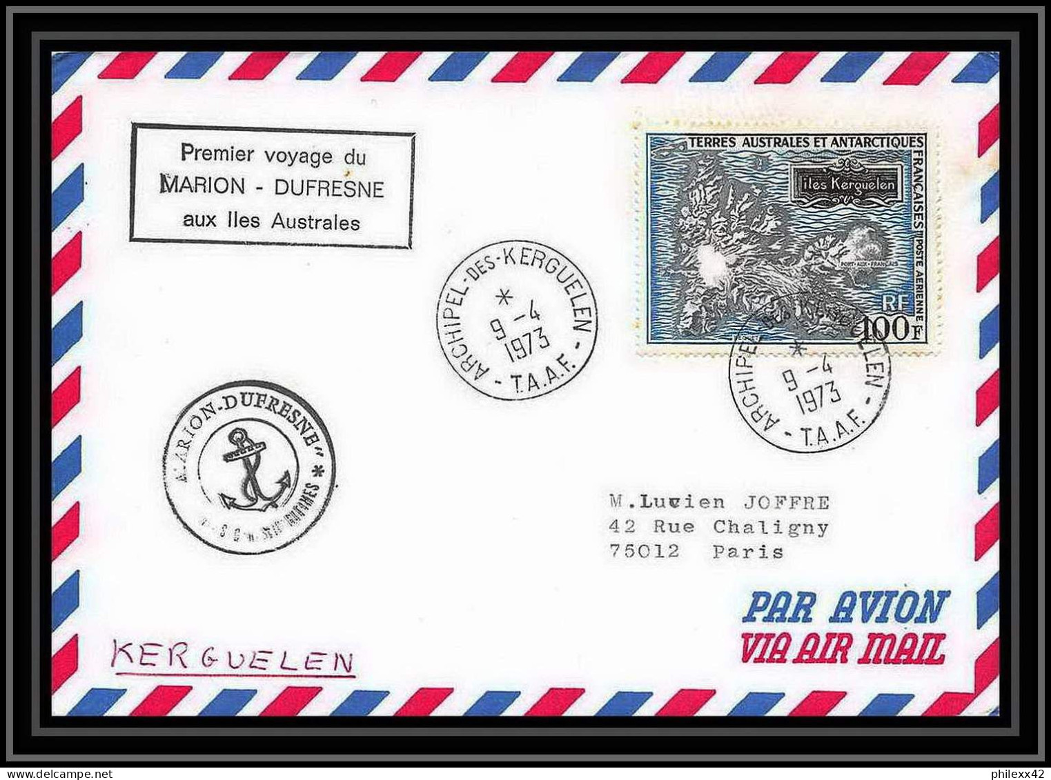 2151 PA N°20 Premier Voyage Du Marion Dufresne 9/4/1973 TAAF Antarctic Terres Australes Lettre (cover) - Lettres & Documents