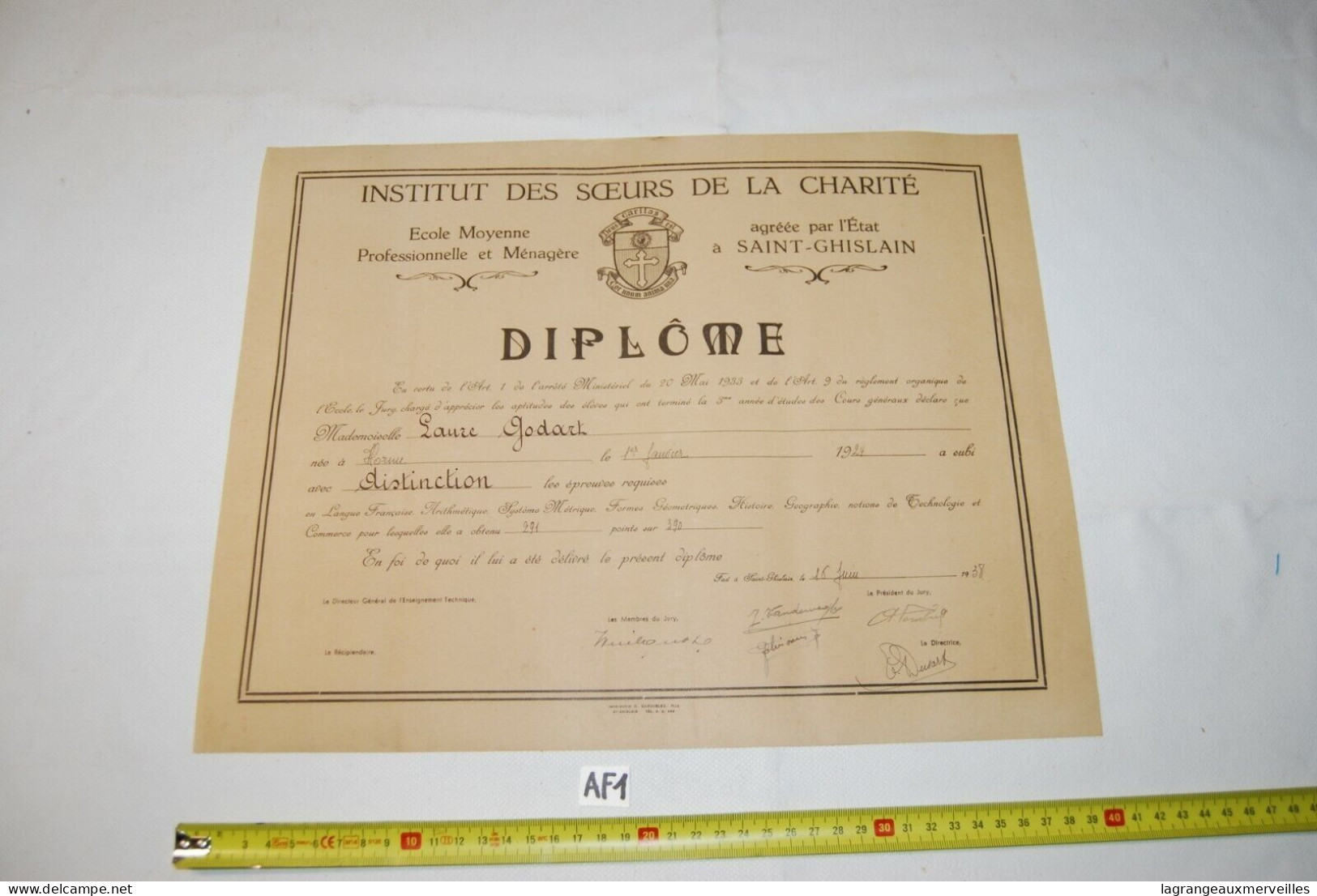 AF1 Diplôme - Soeurs - Saint Ghislain - 1938 Mons - Diplômes & Bulletins Scolaires