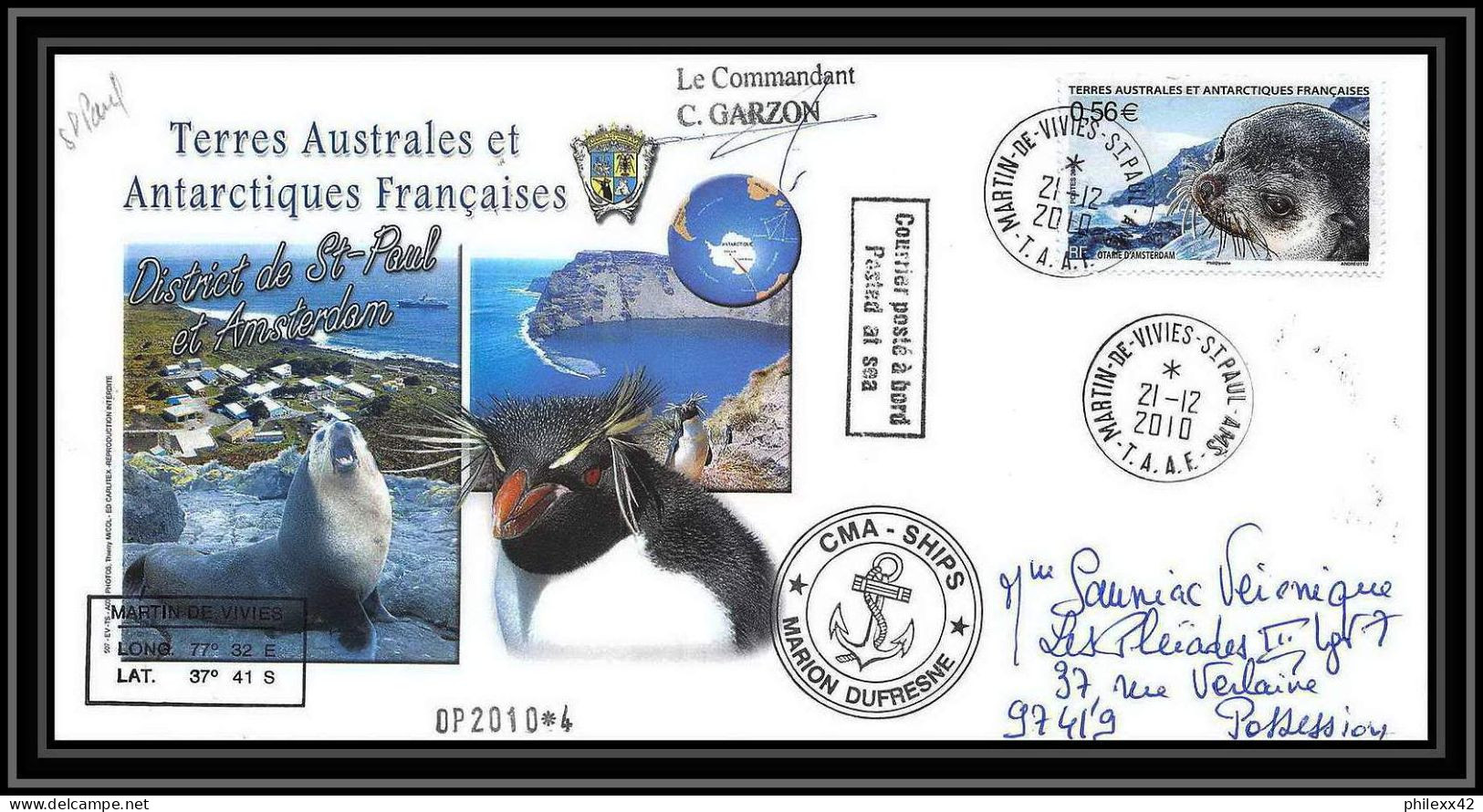 3060 Helilagon Dufresne Signé Signed Op 21/12/2010/4 St Paul N°568 Seal Otarie Terres Australes (taaf) Lettre Cover - Elicotteri