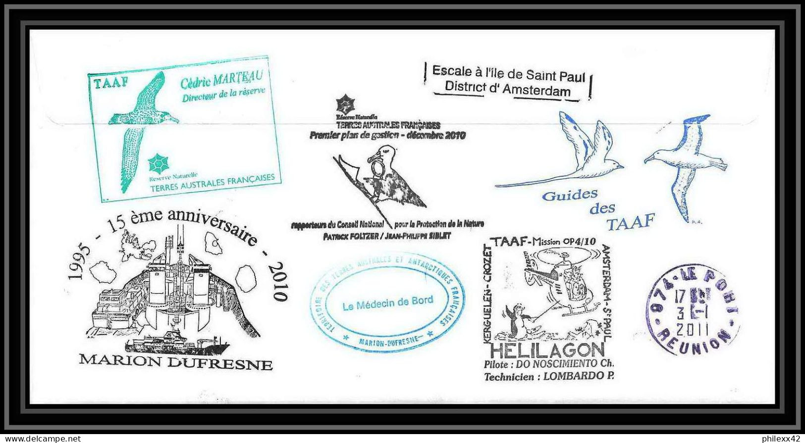 3060 Helilagon Dufresne Signé Signed Op 21/12/2010/4 St Paul N°568 Seal Otarie Terres Australes (taaf) Lettre Cover - Helicopters