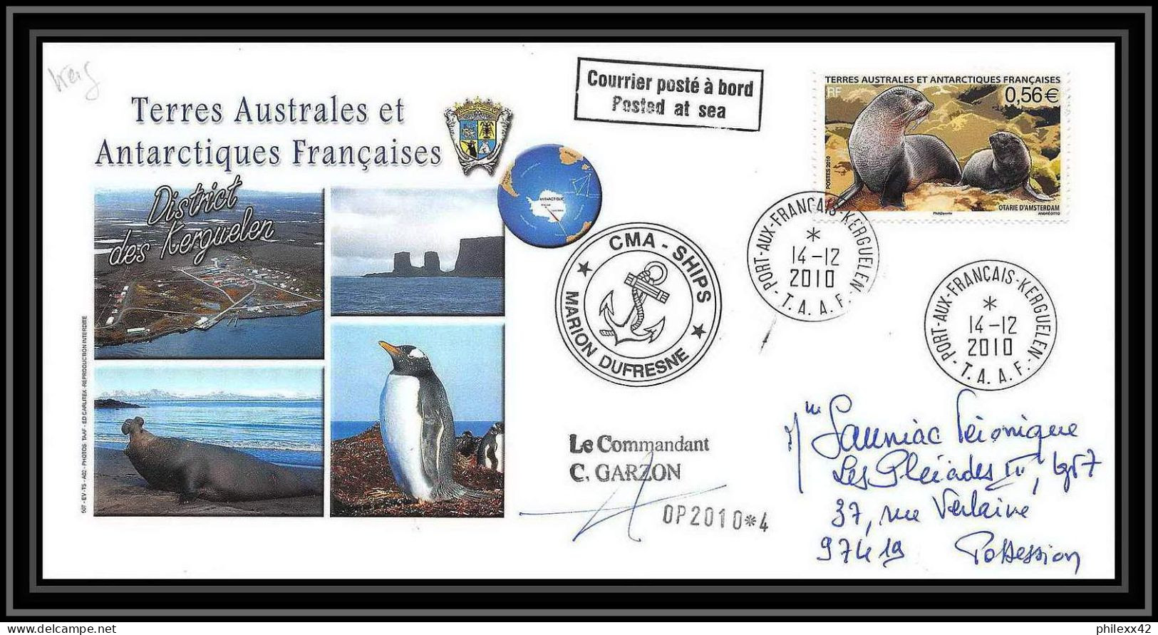 3057 Helilagon Dufresne Signé Signed Op 14/12/2010/4 Kerguelen N°567 Otarie Seal Terres Australes (taaf) Lettre Cover - Elicotteri