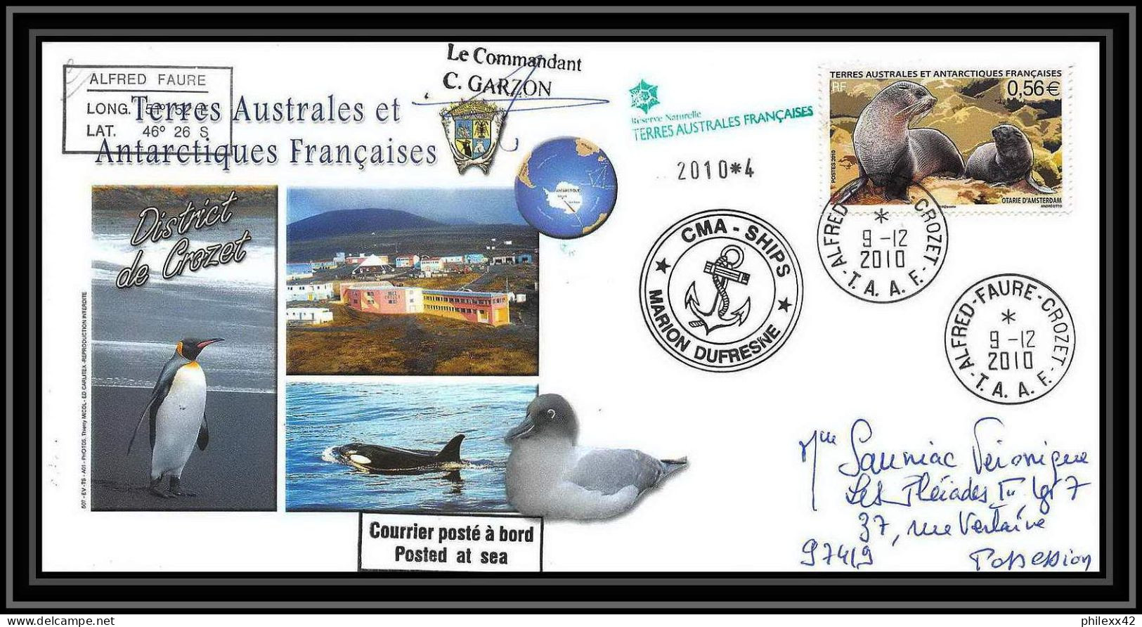 3053 Helilagon Dufresne Signé Signed Op 9/12/2010/4 Crozet N°567 Otarie Seal Terres Australes (taaf) Lettre Cover - Helicopters