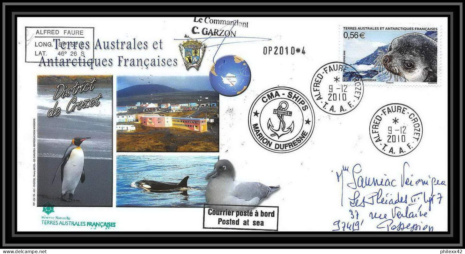 3052 Helilagon Dufresne Signé Signed Op 9/12/2010/4 Crozet N°568 Otarie Seal Terres Australes (taaf) Lettre Cover - Hélicoptères