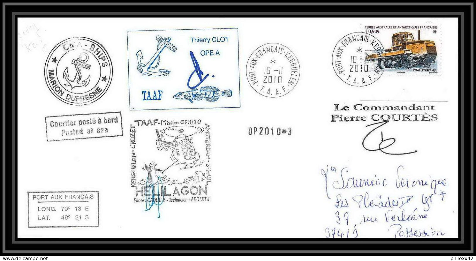 3042 Helilagon Dufresne Signé Signed Op 2010/3 Kerguelen 16/11/2010 N°564 ANTARCTIC Terres Australes (taaf) Lettre Cover - Helicopters