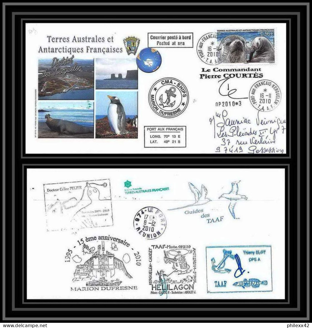 3040 Helilagon Dufresne Signé Signed Op 16/11/2010/3 Kerguelen N°569 Otarie Seal Terres Australes (taaf) Lettre Cover - Elicotteri