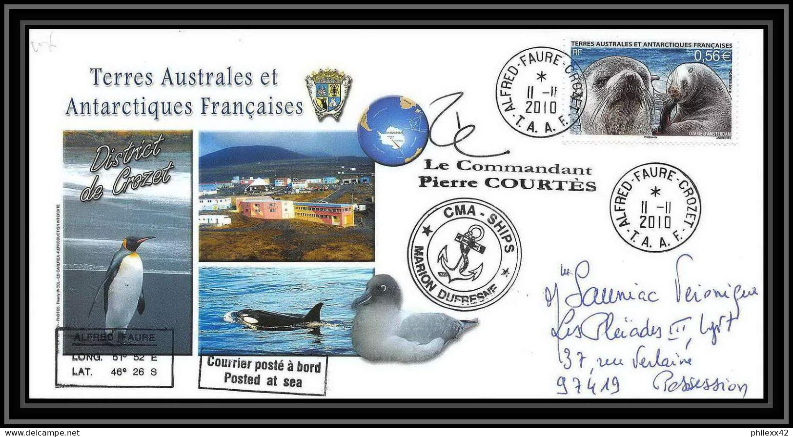 3034 Helilagon Dufresne Signé Signed Op 2010/3 Crozet 11/11/2010 N°569 Otarie Seal Terres Australes (taaf) Lettre Cover - Hubschrauber