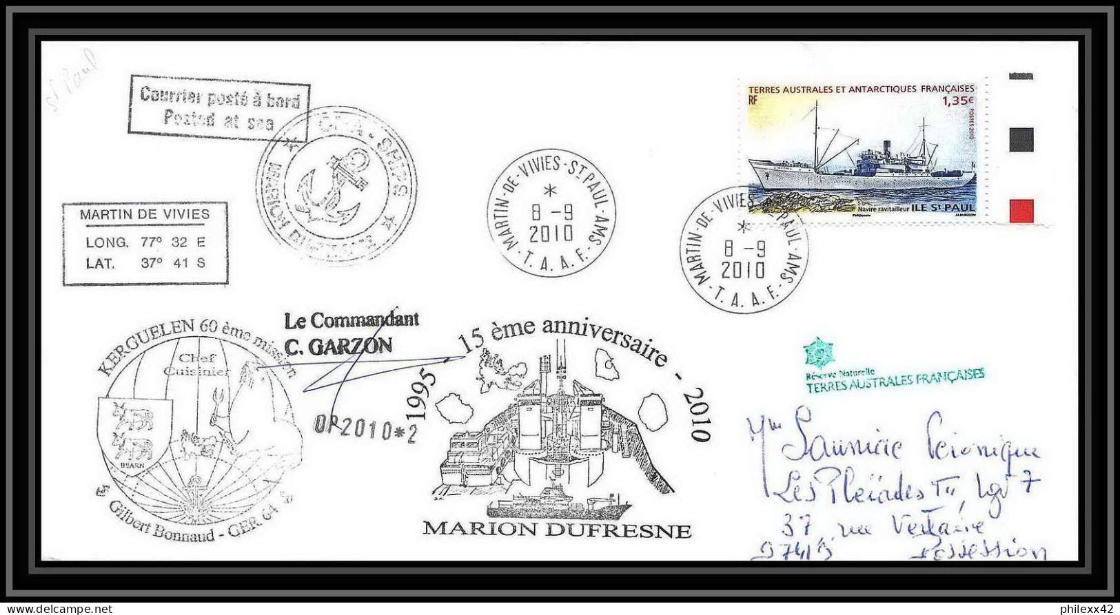 3027 Helilagon Dufresne Signé Signed Op 2010/2 St Paul 8/9/2010 N°558 ANTARCTIC Terres Australes (taaf) Lettre Cover - Hélicoptères