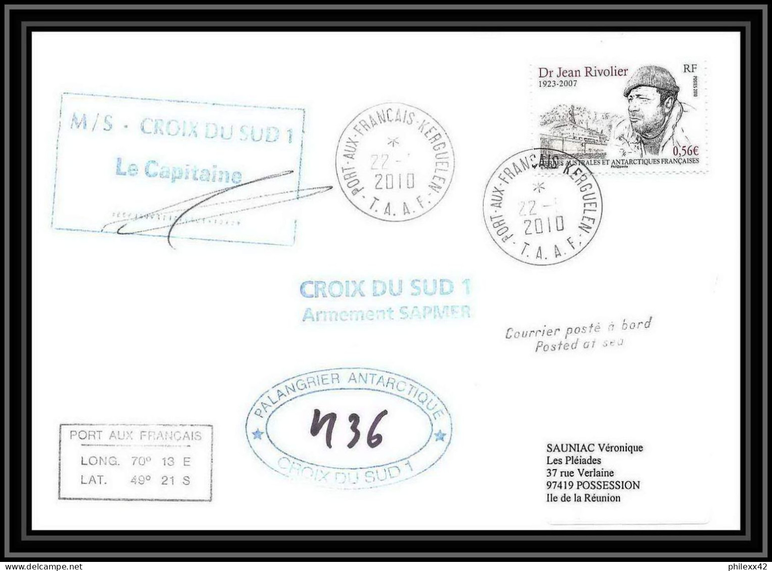 3008 Dufresne 2 Signé Signed SAPMER CROIX DU SUD 1 22/5/2010 N°557 ANTARCTIC Terres Australes (taaf) Lettre Cover - Lettres & Documents