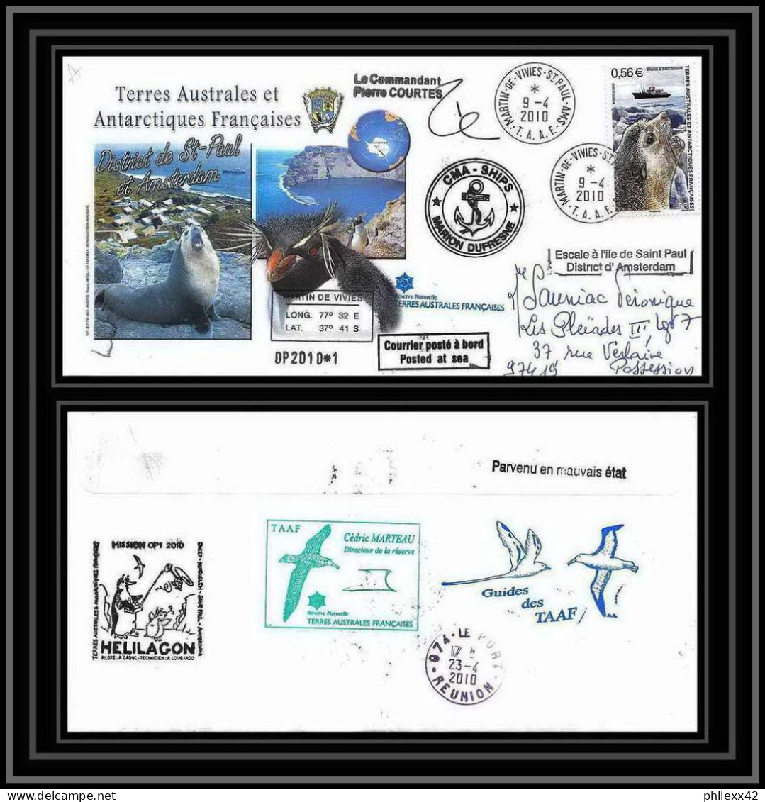 2999 Helilagon Terres Australes TAAF Lettre Cover Dufresne 2 Signé Signed St Paul Op 2010/1 9/4/2010 N°566 Sea Elephant - Hubschrauber