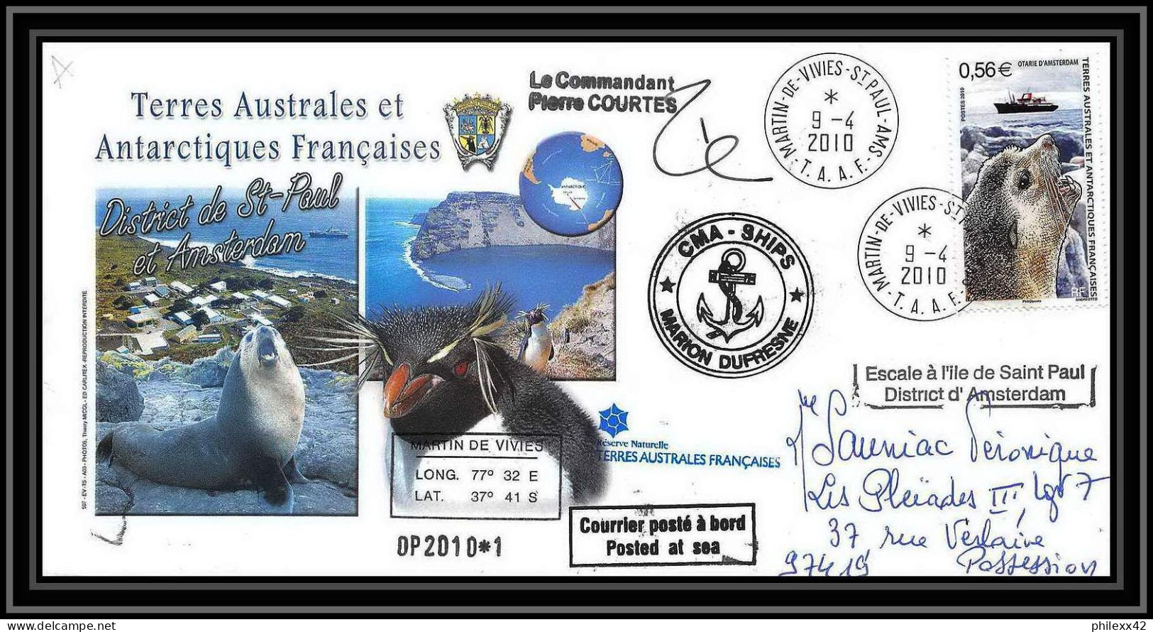 2999 Helilagon Terres Australes TAAF Lettre Cover Dufresne 2 Signé Signed St Paul Op 2010/1 9/4/2010 N°566 Sea Elephant - Hubschrauber