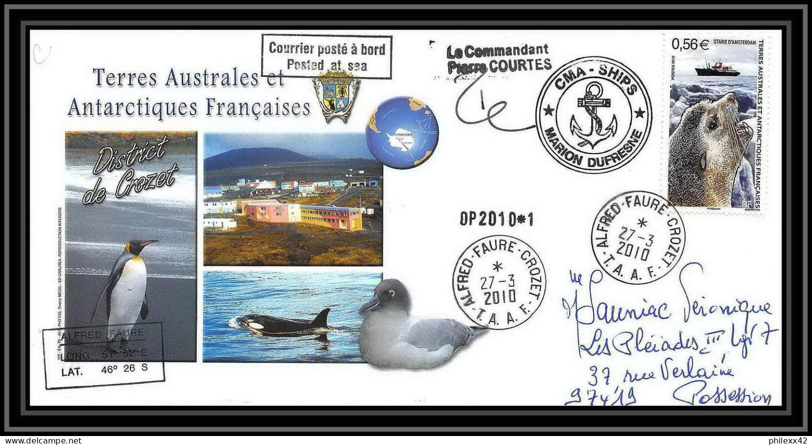 2989 Helilagon Terres Australes TAAF Lettre Cover Dufresne 2 Signé Signed Crozet Op 2010/1 27/3/2010 N°566 Sea Elephant - Hélicoptères