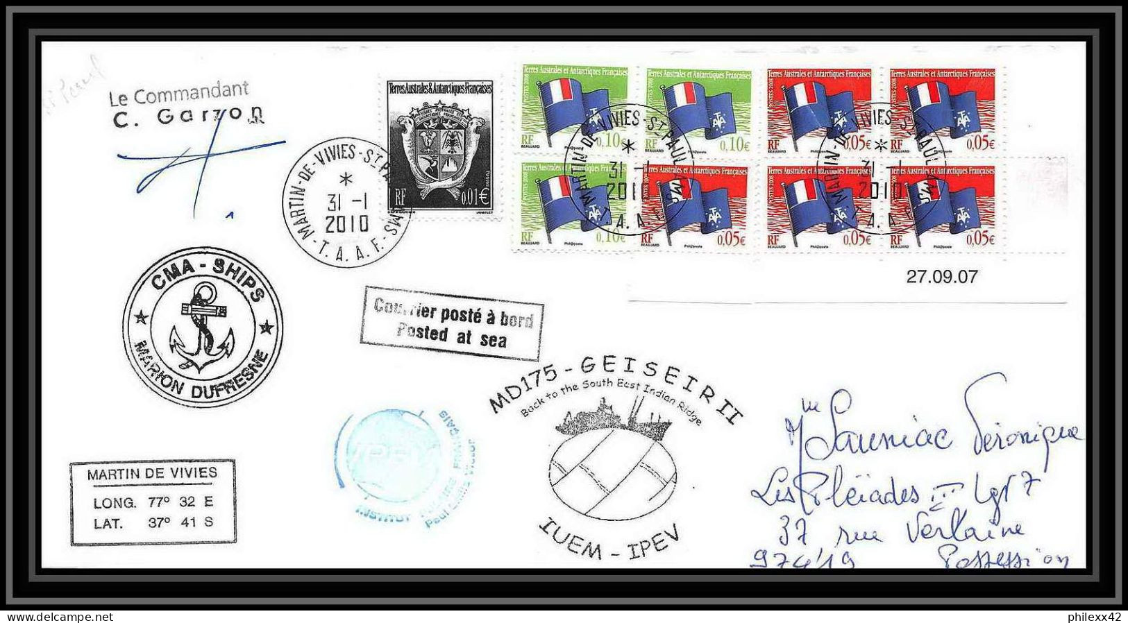 2986 ANTARCTIC Terres Australes TAAF Lettre Cover Dufresne 2 Signé Signed MD 175 31/1/2010 N°496 COIN DATE - Spedizioni Antartiche