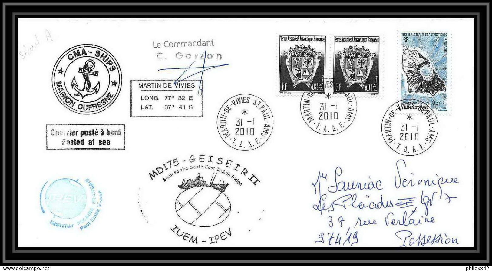 2985 ANTARCTIC Terres Australes TAAF Lettre Cover Dufresne 2 Signé Signed MD 175 31/1/2010 N°506 - Expéditions Antarctiques