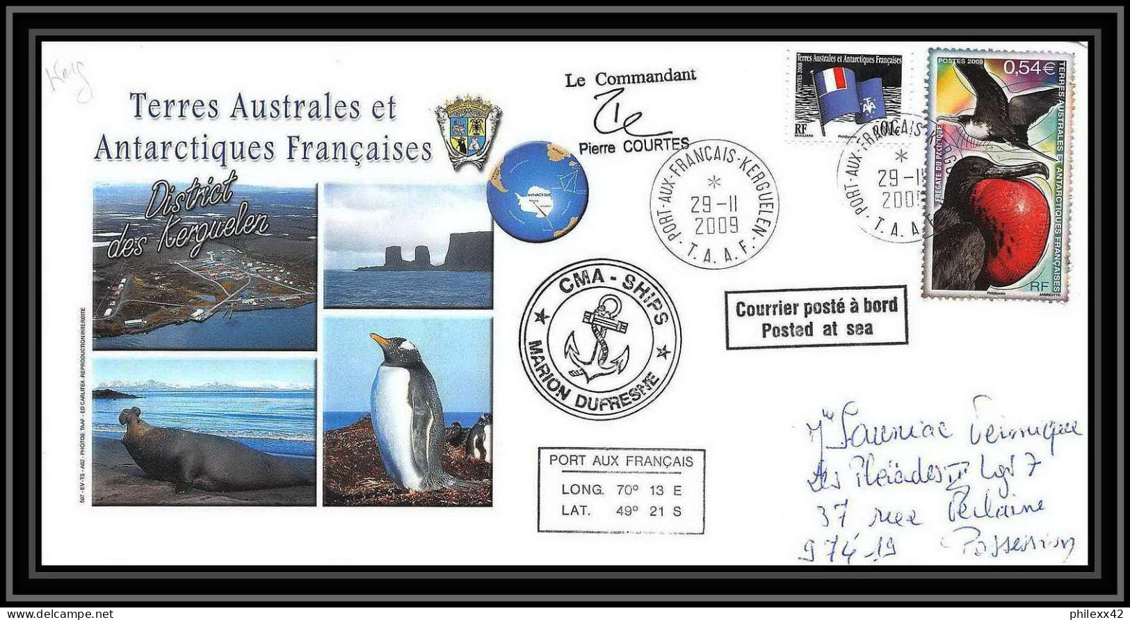 2959 Terres Australes TAAF Lettre Dufresne Signé Signed Kerguelen Portes Ouvertes 29/11/2009 N°517 Fregate Bird - Covers & Documents
