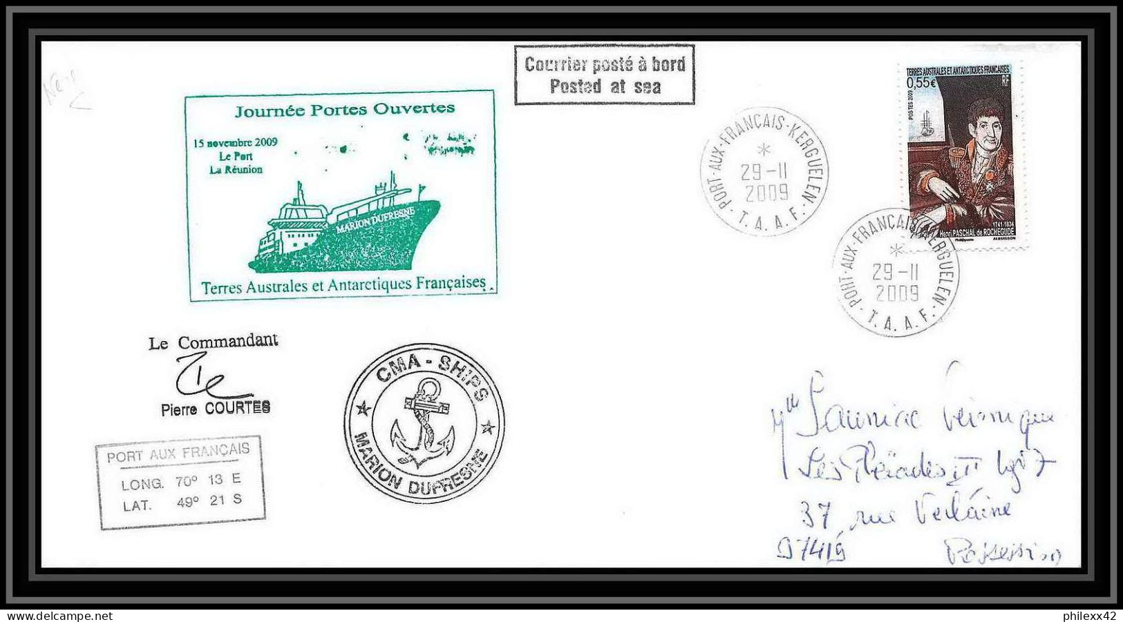 2958 ANTARCTIC Terres Australes TAAF Lettre Dufresne Signé Signed Kerguelen Portes Ouvertes 29/11/2009 N°522 - Antarktis-Expeditionen