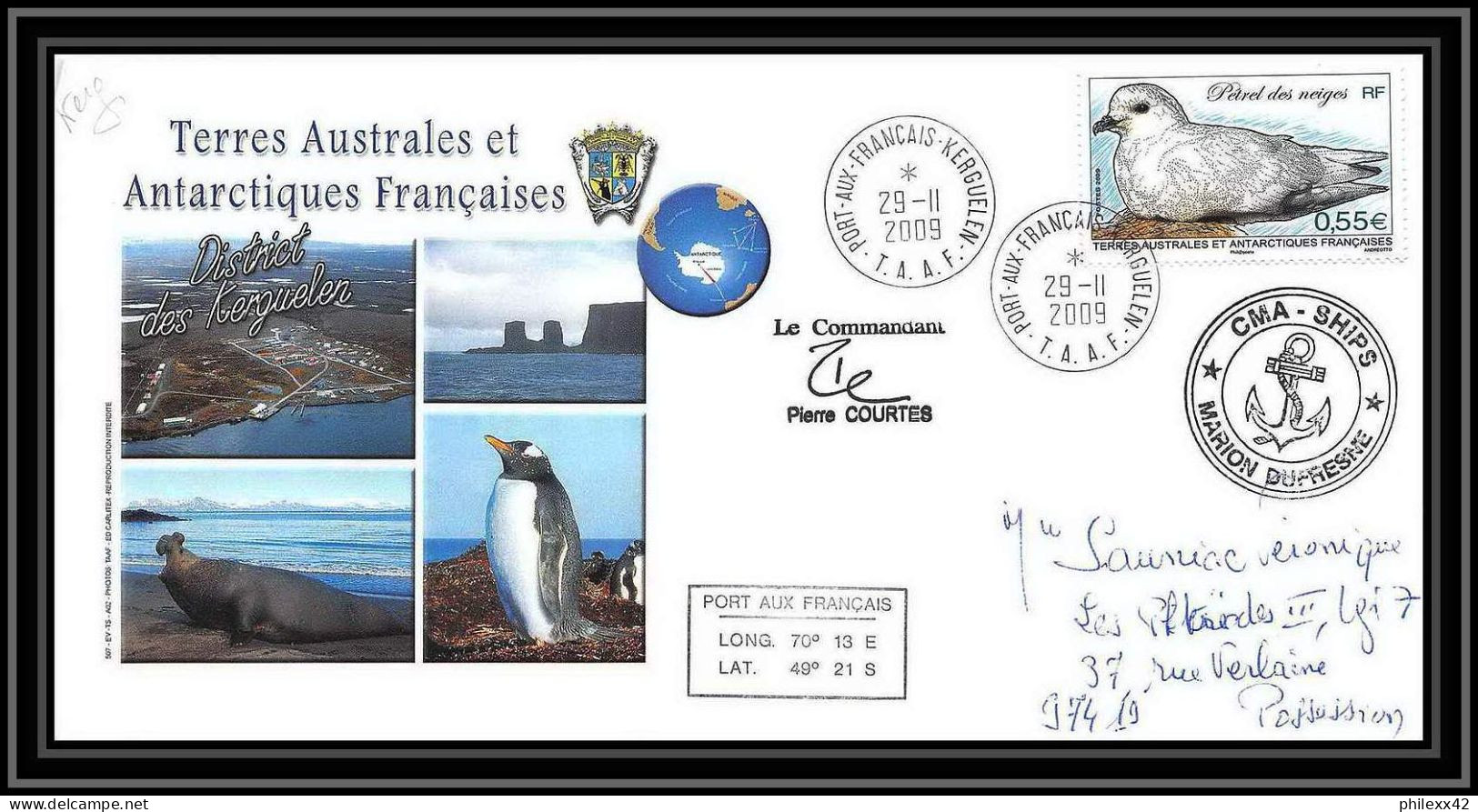 2962 ANTARCTIC Terres Australes TAAF Lettre Dufresne Signé Signed Kerguelen Portes Ouvertes 29/11/2009 N°534 Petrel Bird - Expéditions Antarctiques